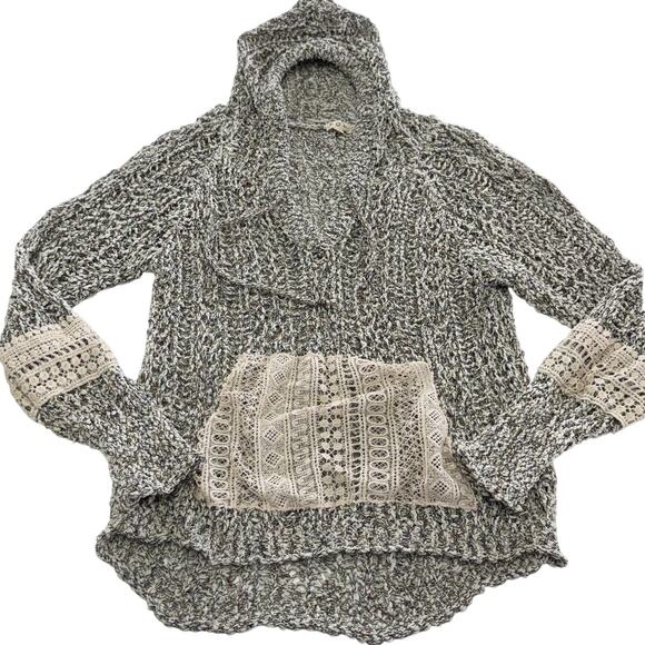 POL Sweater Womens Small Gray Hooded Open Knit Lace Kangaroo Pocket Boho SMST52 - Picture 1 of 6